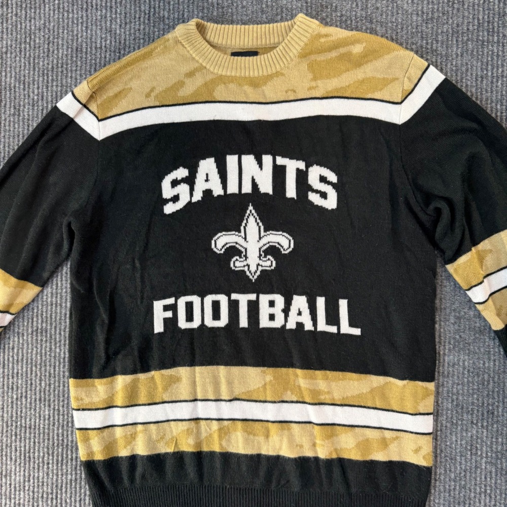 NFL Saints Womens M Sweater Crewneck Gold Black White Football Pullover‎